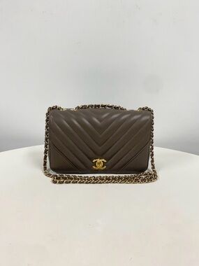 CHANEL Chevron Quilted Crossbody Bag in Taupe with Gold Hardware